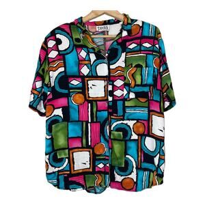 Teddi Vintage Button Front Blouse Bright Colorful Art to Wear Short Sleeve